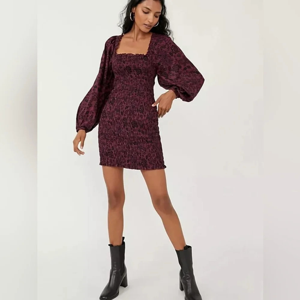 Free People Smock It To Me Long Sleeve Mini Dress Medium Purple NWT New
